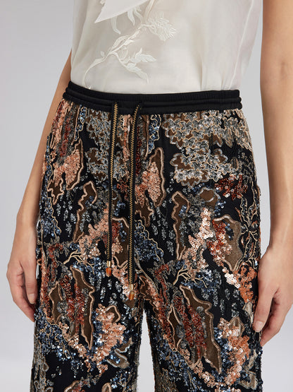 Sequin Vine Embroidered Straight Pants