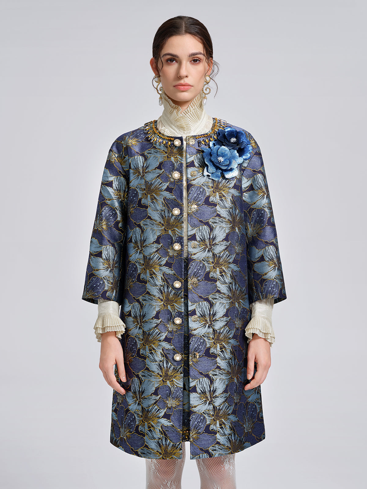 Hand-Sewn Crystal Floral Jacquard Jacket