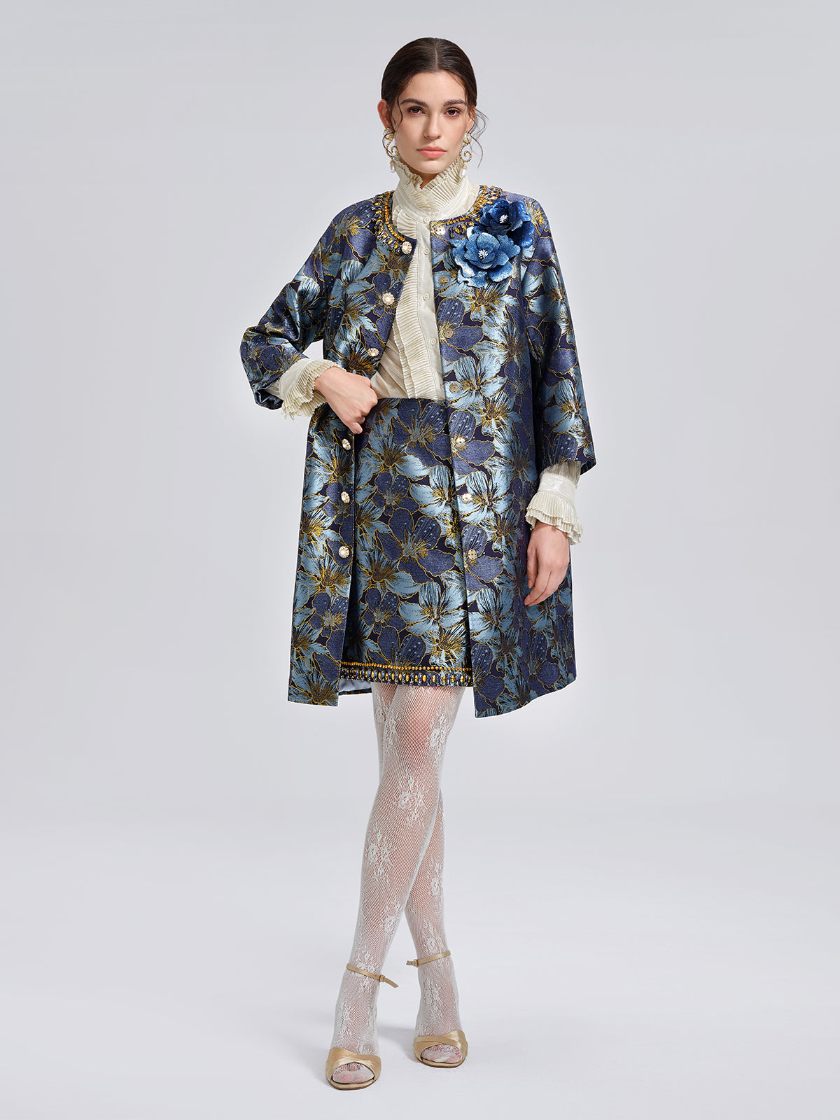 Hand-Sewn Crystal Floral Jacquard Jacket