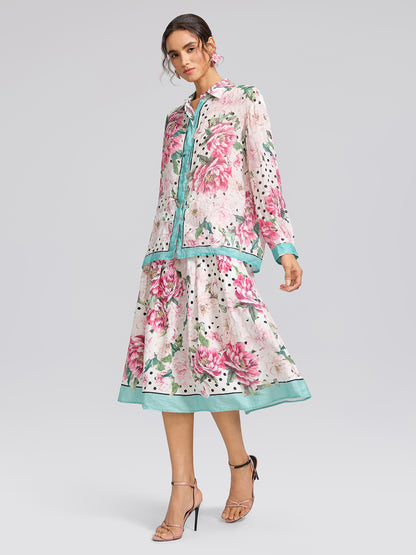 100% Linen Peony Polka Dot Print A-Line Flare Skirt