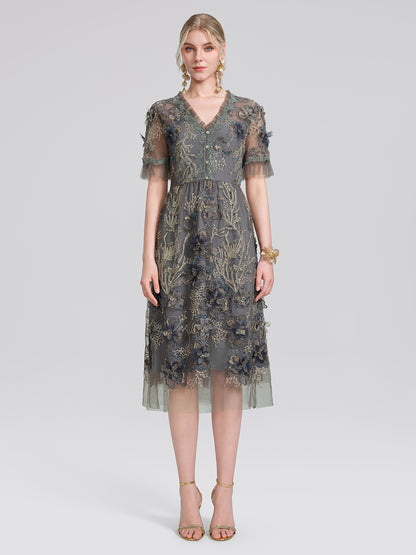 Gold Thread Embroidered Mesh Lace V-Neck Ruffle Sleeve Dress