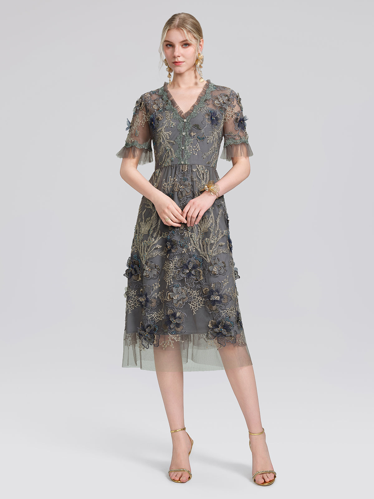 Gold Thread Embroidered Mesh Dress
