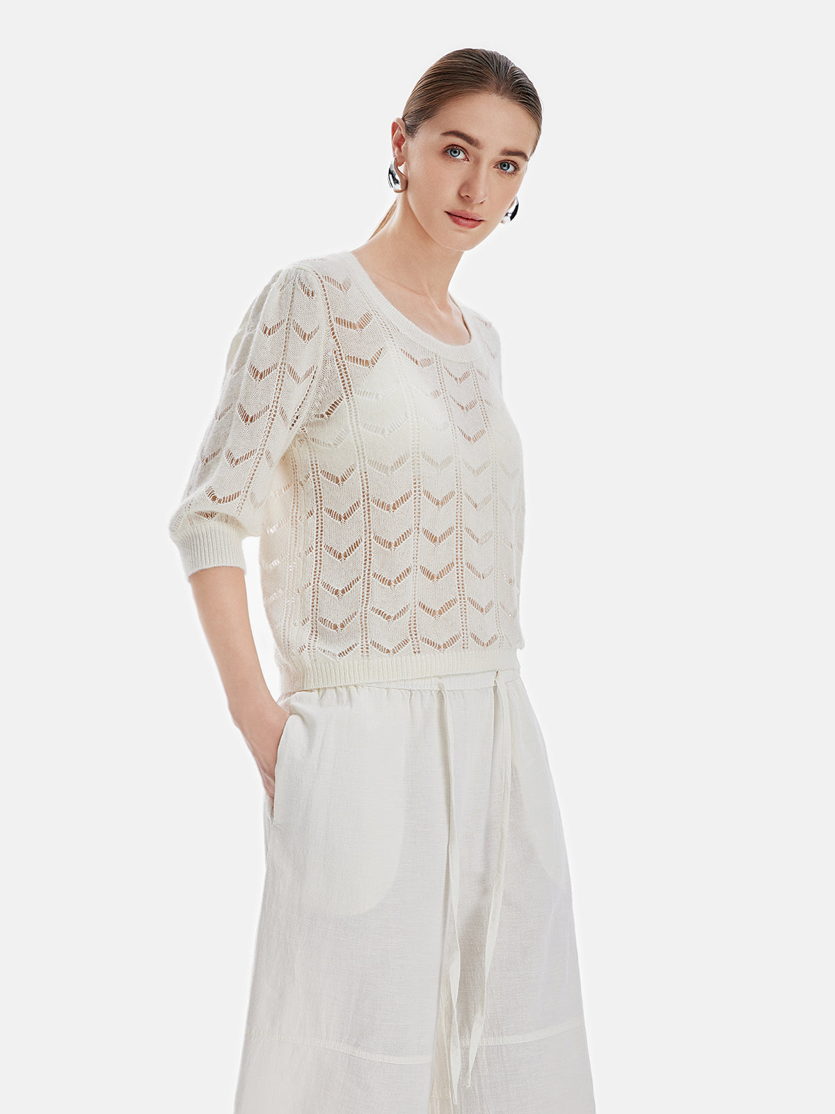 Round-Neck Hollow Out Crochet Loose Pullover