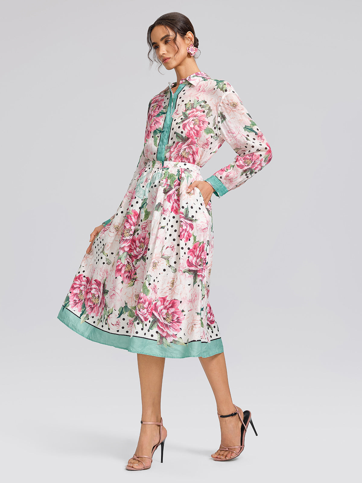 100% Ramie Peony Polka Dot Print Shirt