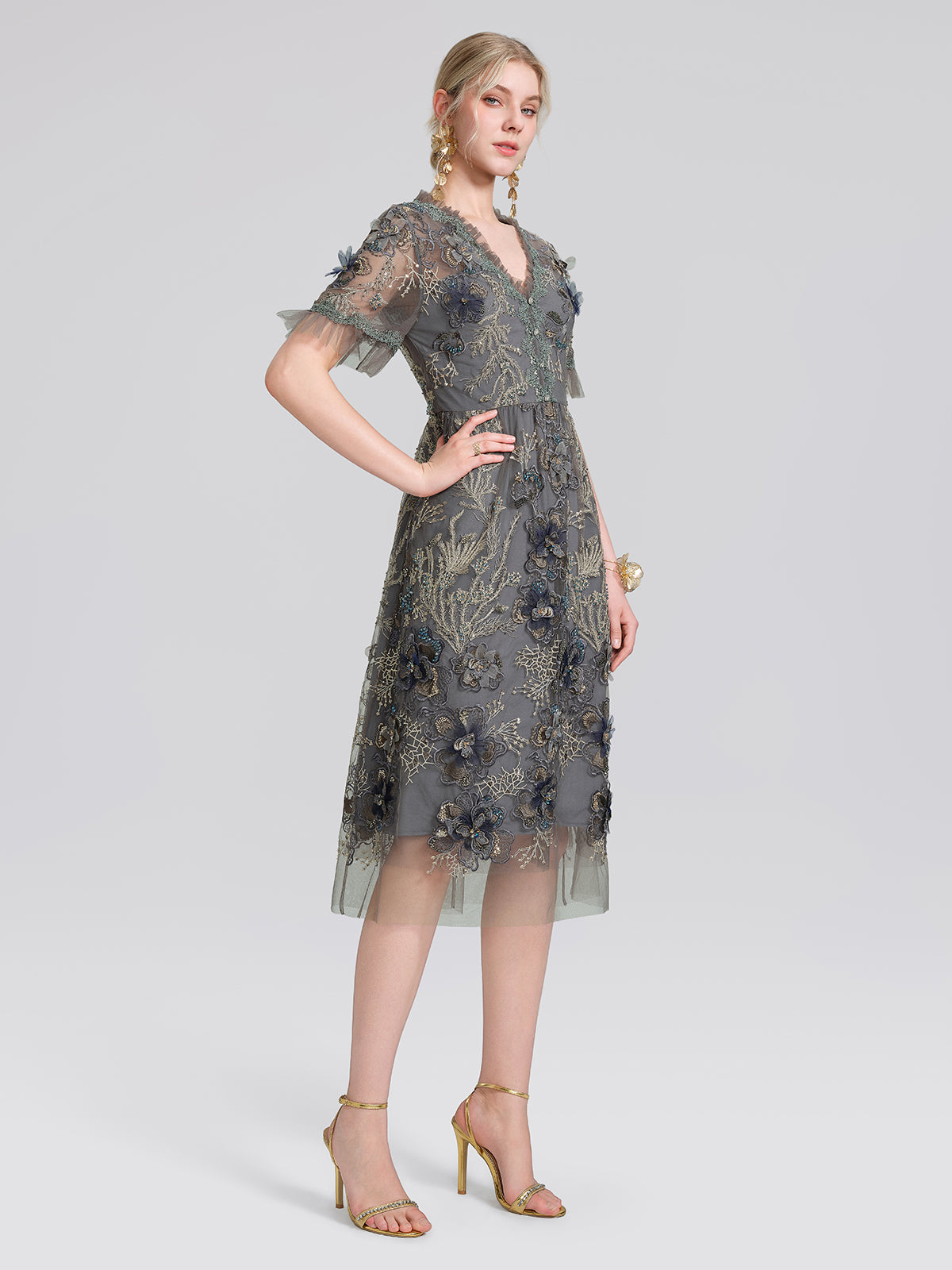 Gold Thread Embroidered Mesh Dress