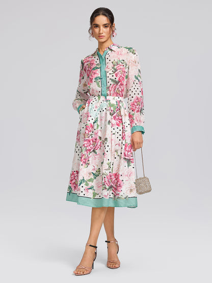 100% Linen Peony Polka Dot Print A-Line Flare Skirt