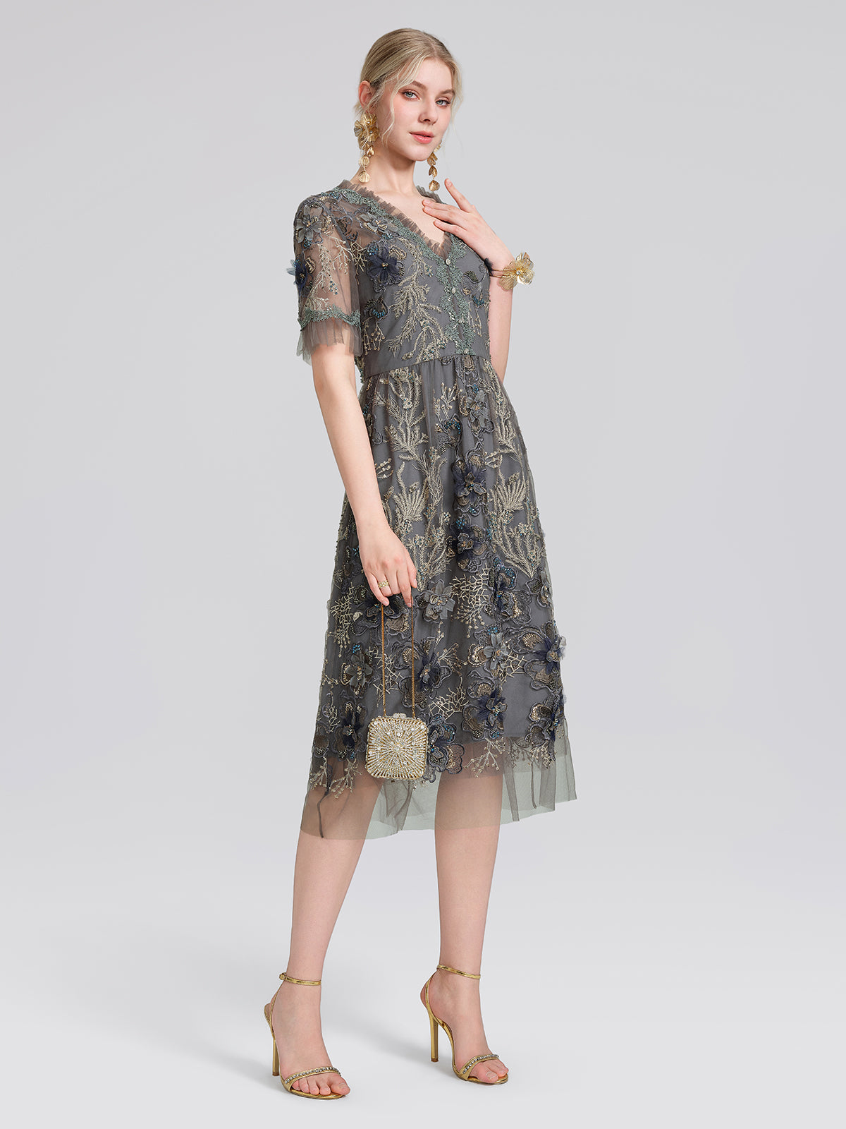 Gold Thread Embroidered Mesh Dress
