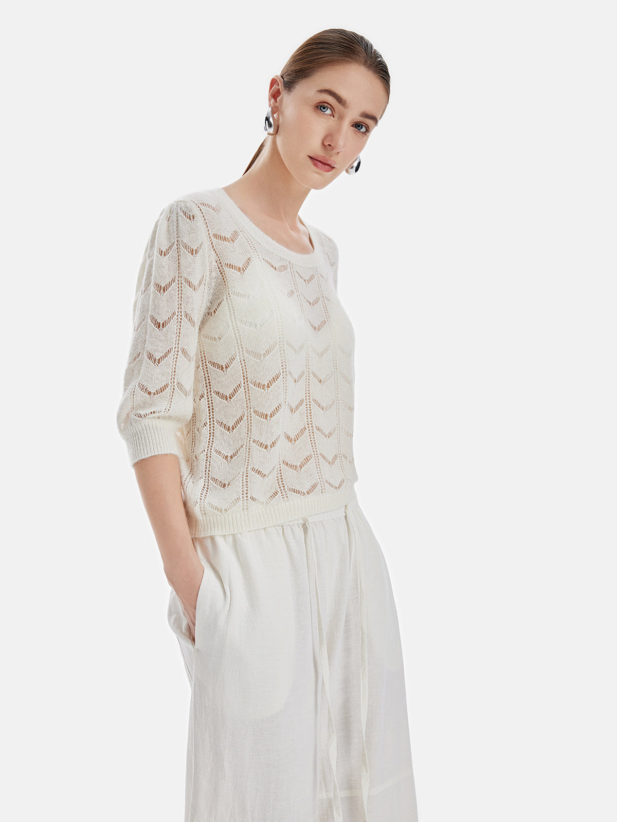 Round-Neck Hollow Out Crochet Loose Pullover