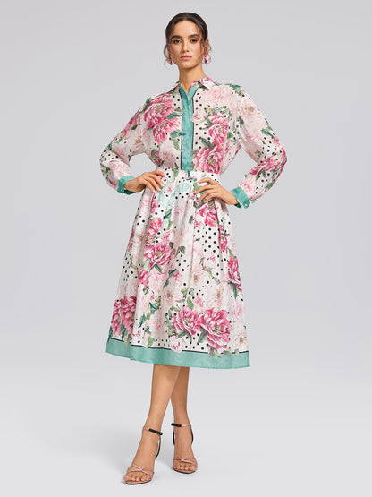 100% Linen Peony Polka Dot Print A-Line Flare Skirt