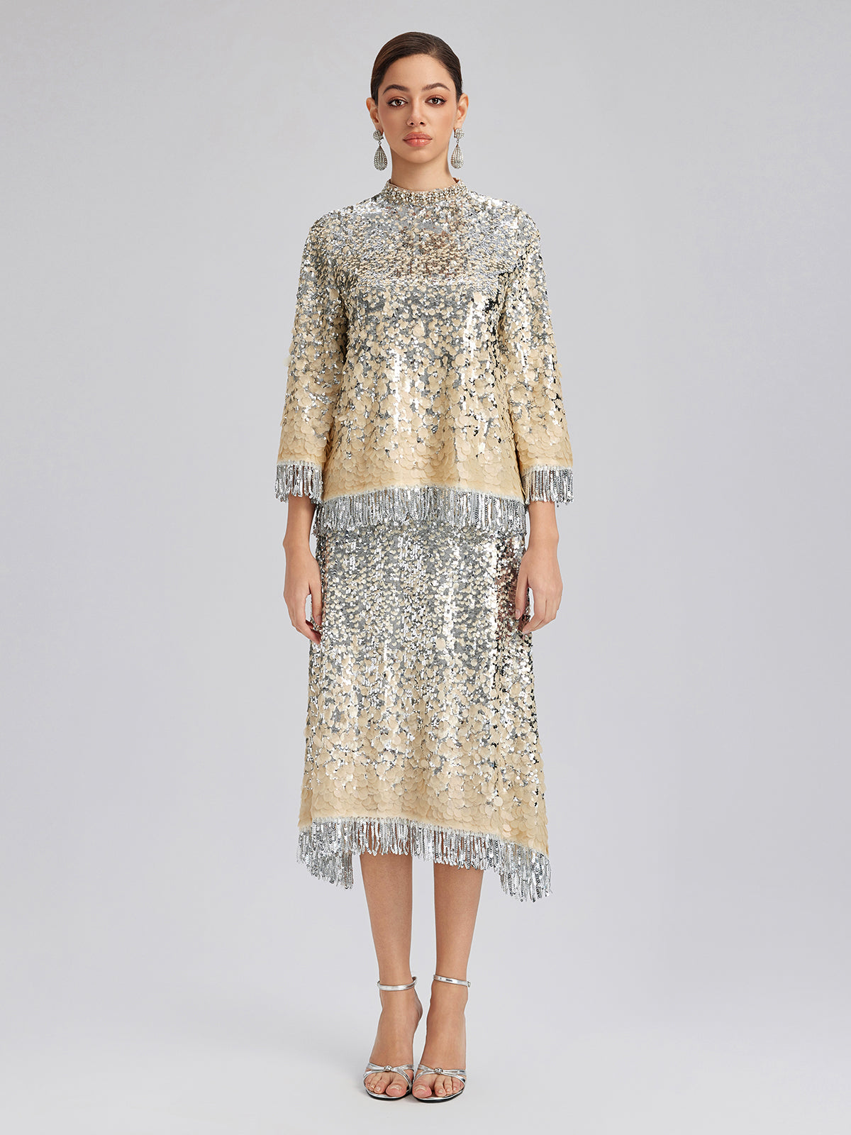 Beaded Ombre Fringe Stand-Collar Top