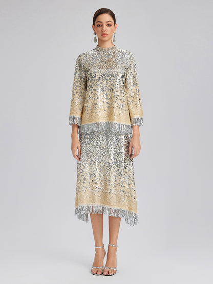 Beaded Ombre Fringe Stand-Collar Top