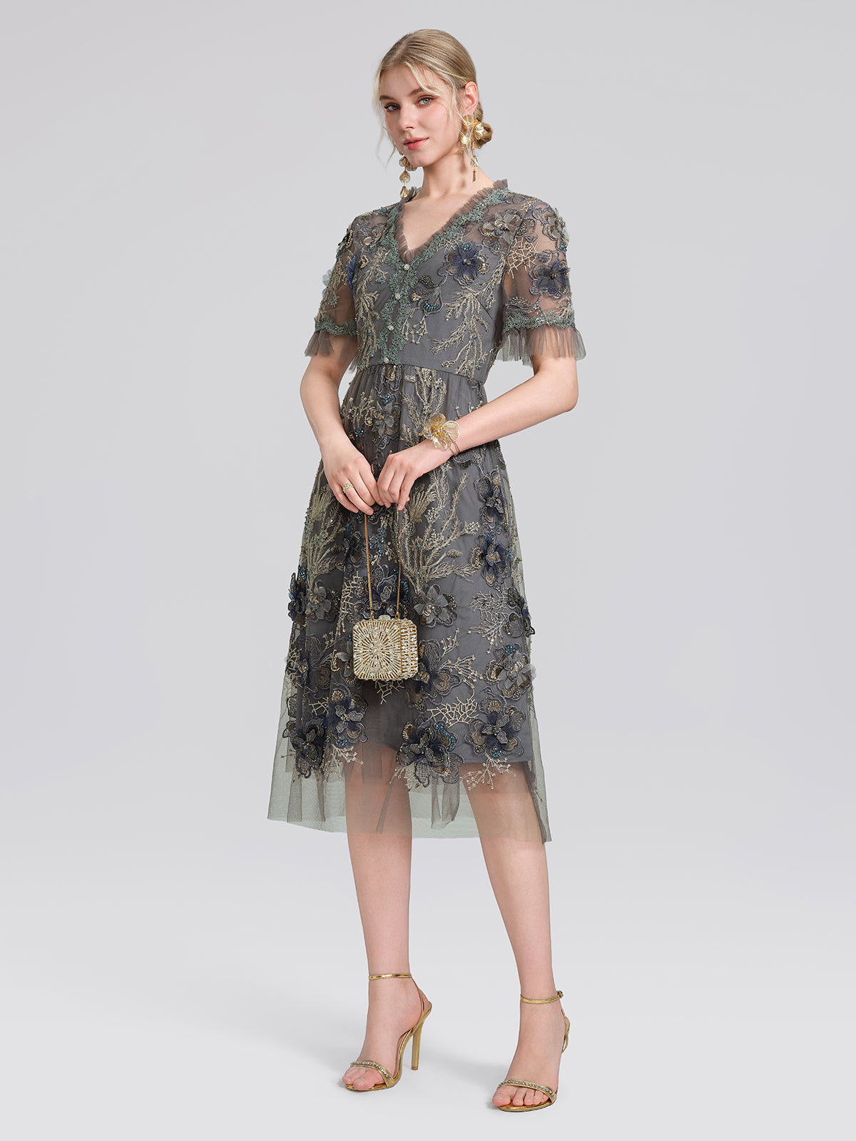 Gold Thread Embroidered Mesh Dress