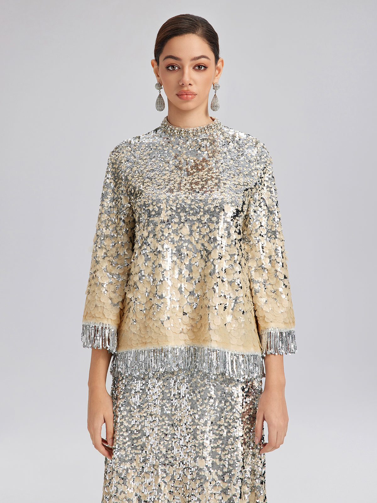 Beaded Ombre Fringe Stand-Collar Top