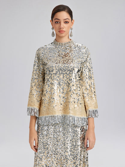 Beaded Ombre Fringe Stand-Collar Top