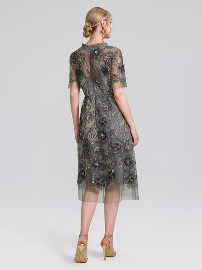 Gold Thread Embroidered Mesh Lace V-Neck Ruffle Sleeve Dress