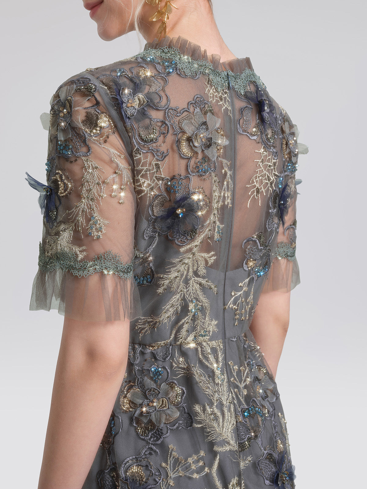 Gold Thread Embroidered Mesh Dress
