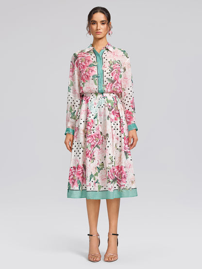 100% Ramie Peony Polka Dot Print Contrast Lapel Shirt