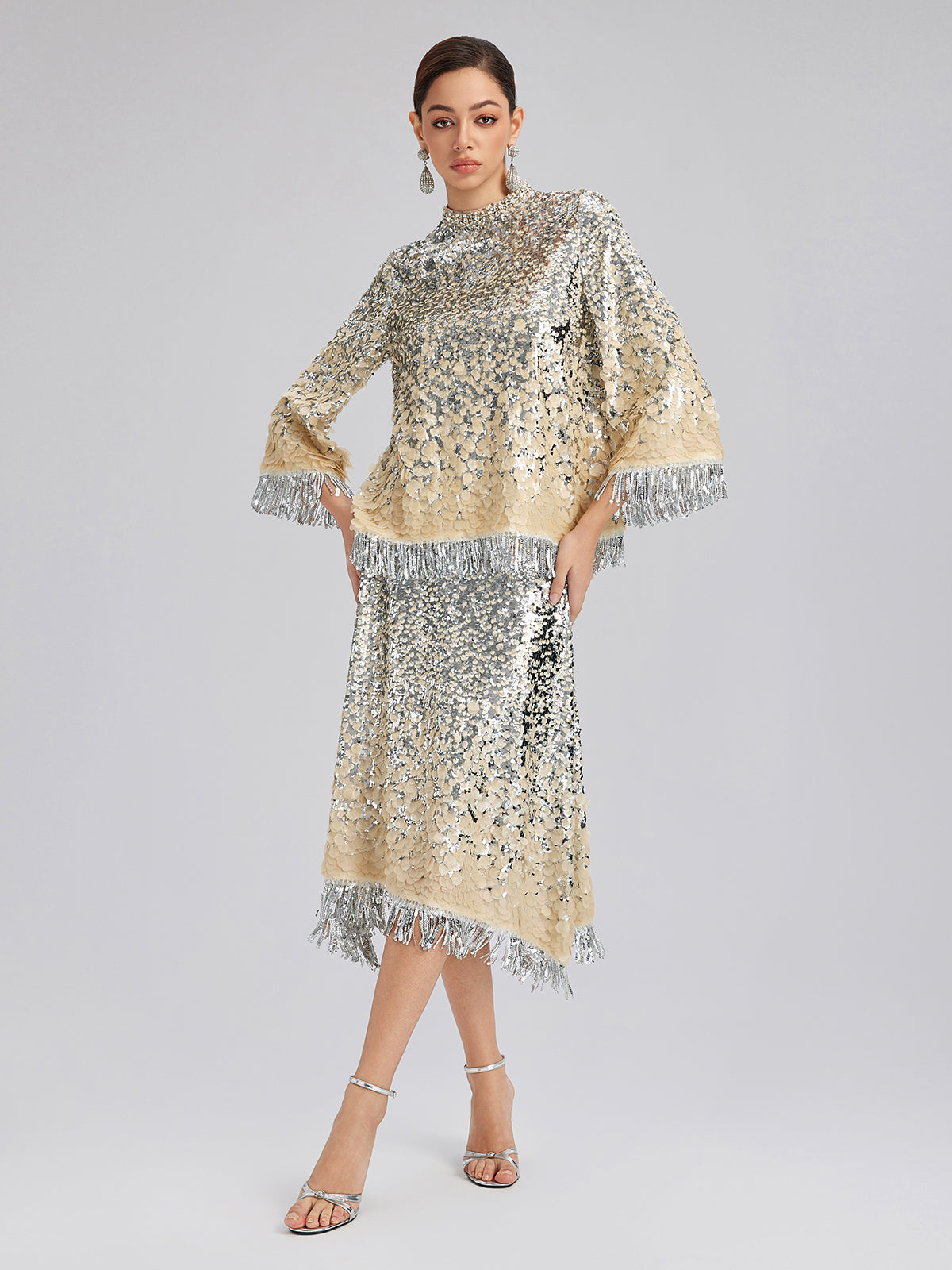 Beaded Ombre Fringe Stand-Collar Top