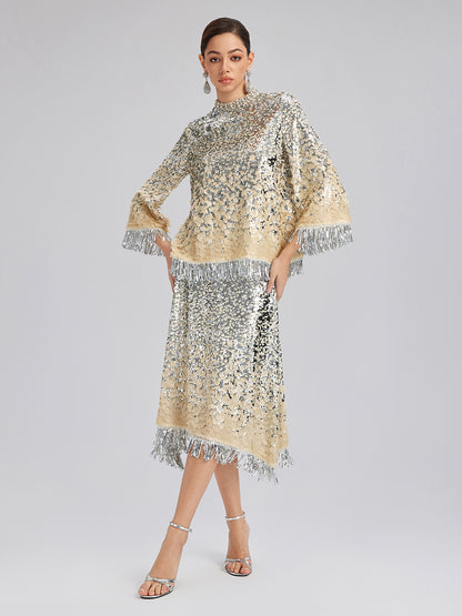 Beaded Ombre Fringe Stand-Collar Top