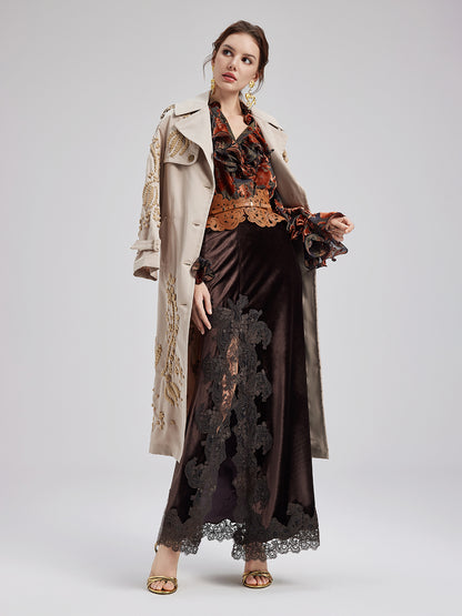 Embroidered Double-Breasted Trench Coat