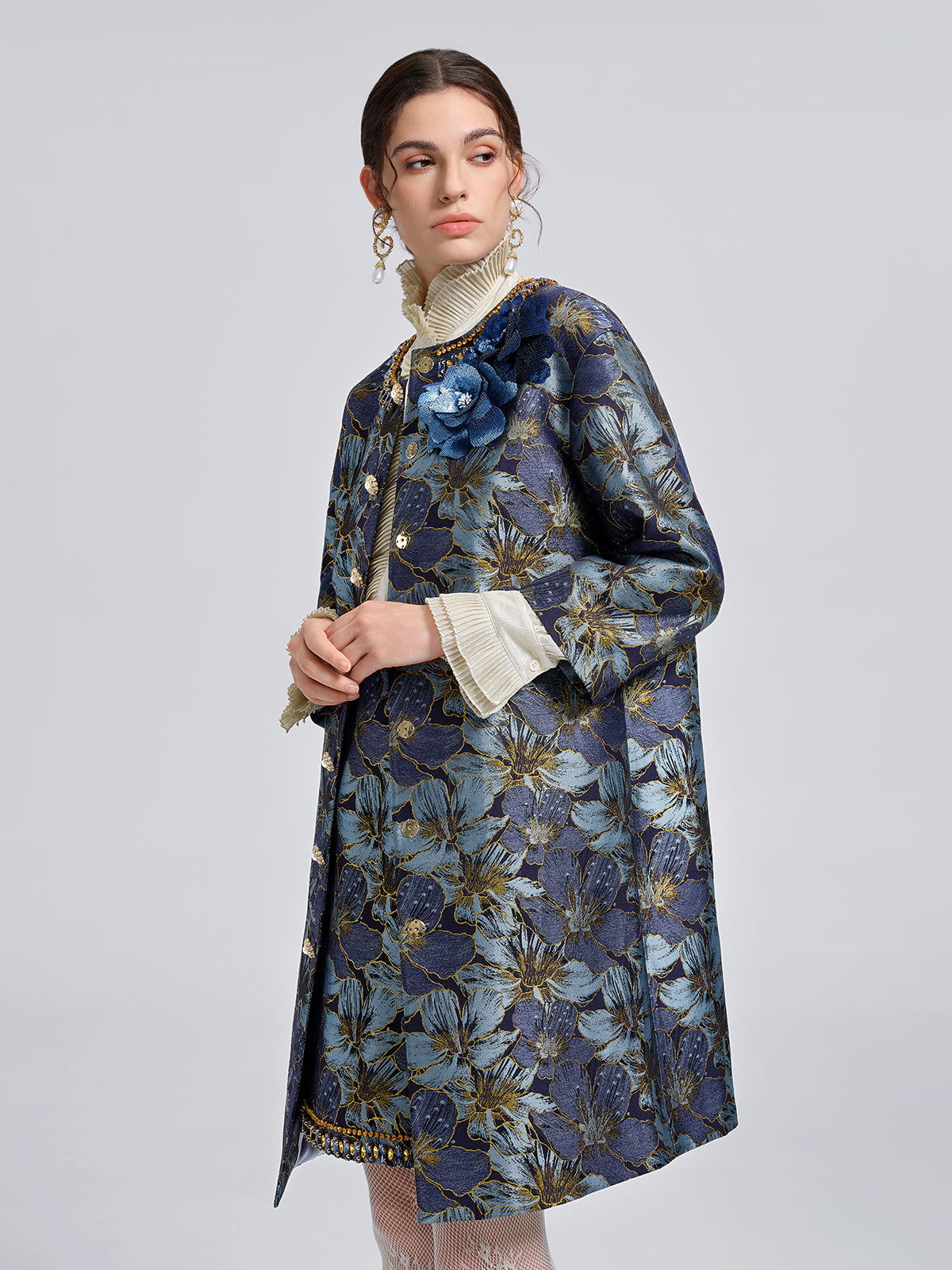 Hand-Sewn Crystal Floral Jacquard Jacket