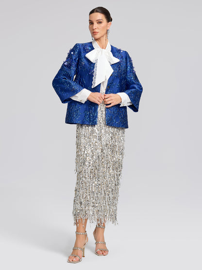 Royal Blue Hand-Beaded Jacquard Jacket