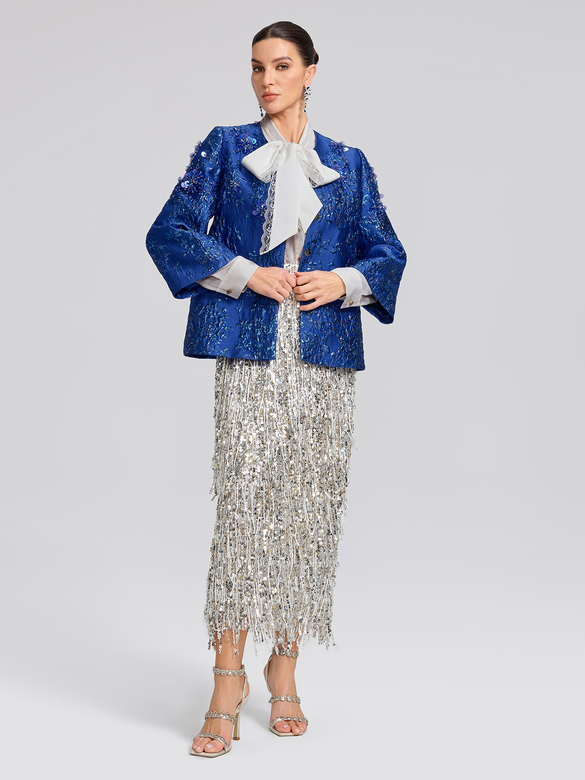 Royal Blue Hand-Beaded Jacquard Jacket