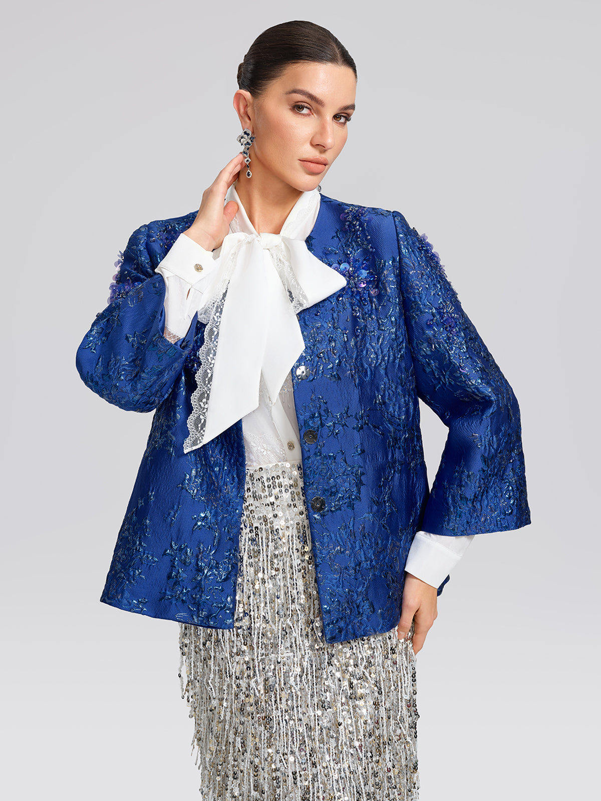 Royal Blue Hand-Beaded Jacquard Jacket