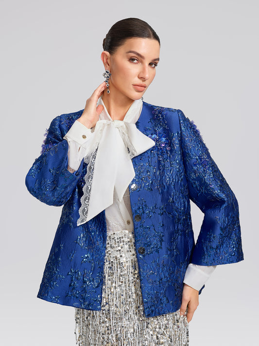 Royal Blue Hand-Beaded Jacquard Jacket