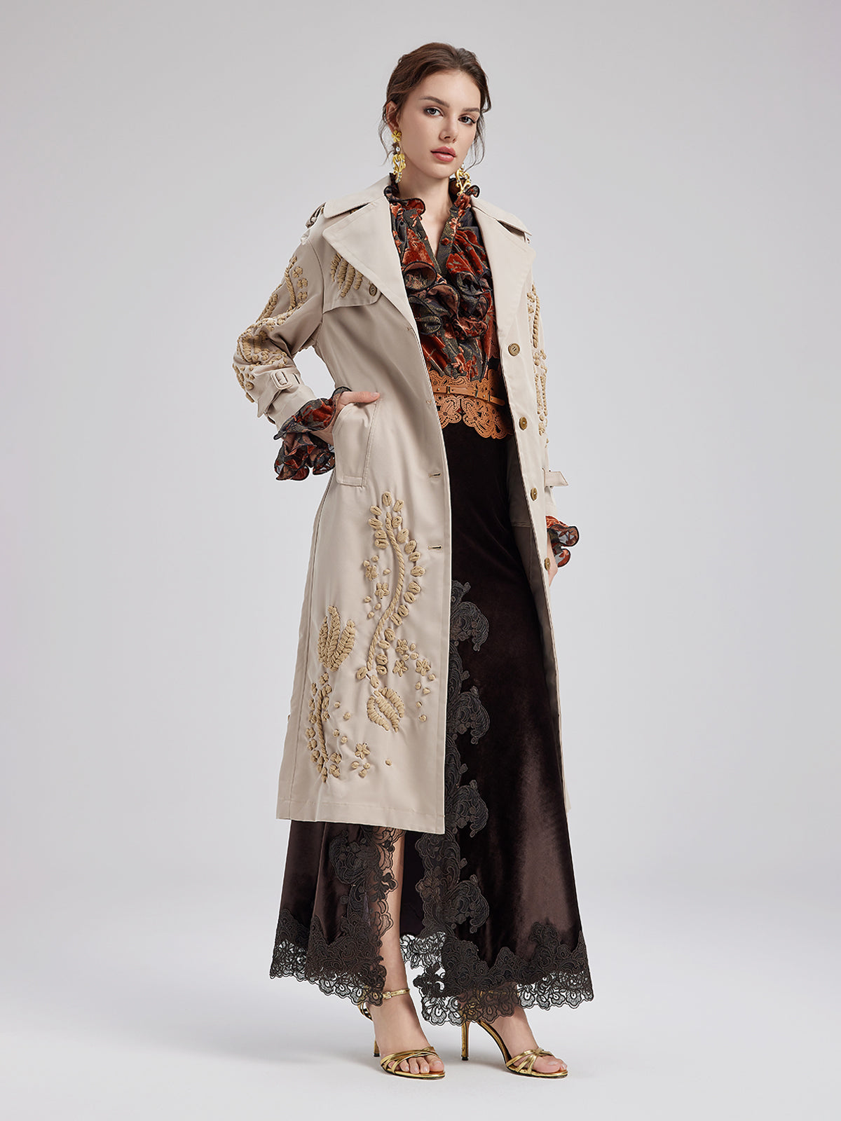 Embroidered Double-Breasted Trench Coat