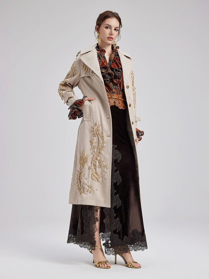 Embroidered Double-Breasted Trench Coat