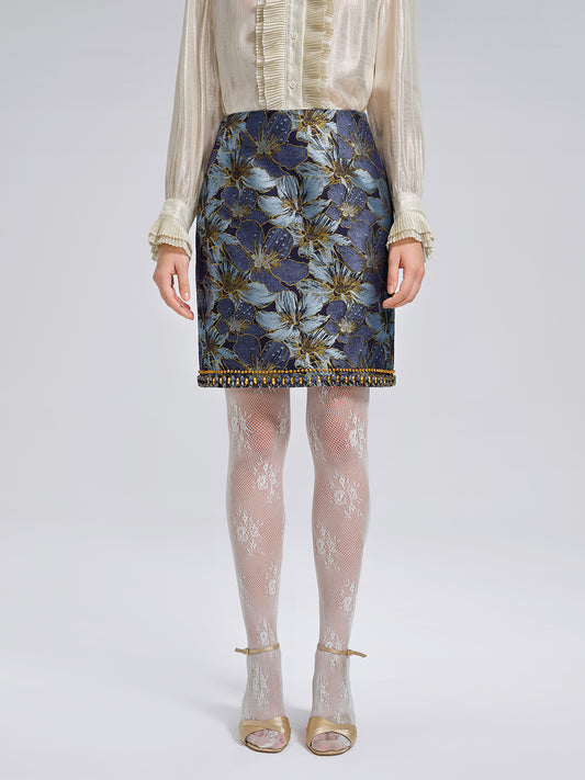 Hand-Sewn Crystal Jacquard A-Line Mini Skirt