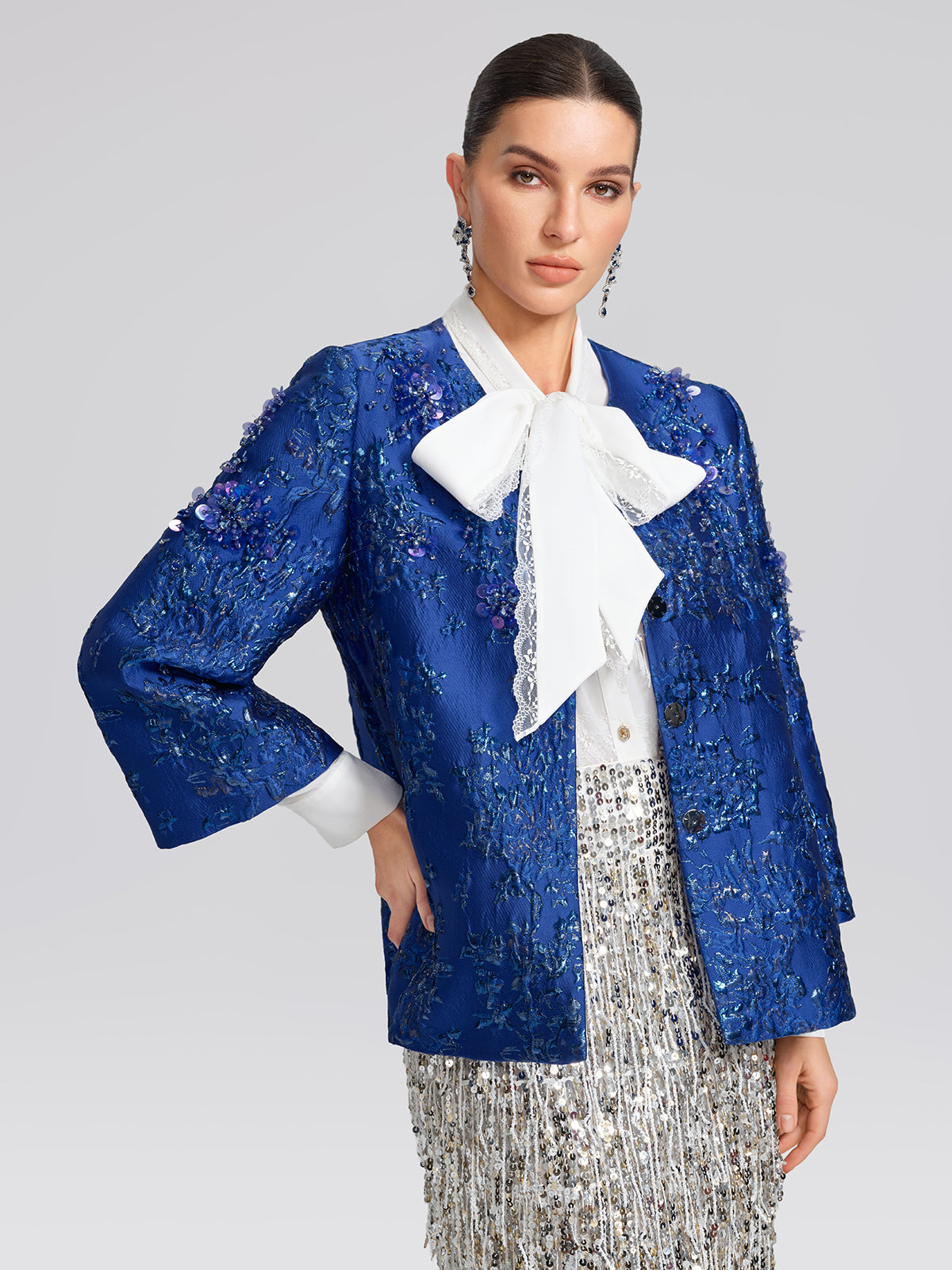 Royal Blue Hand-Beaded Jacquard Jacket