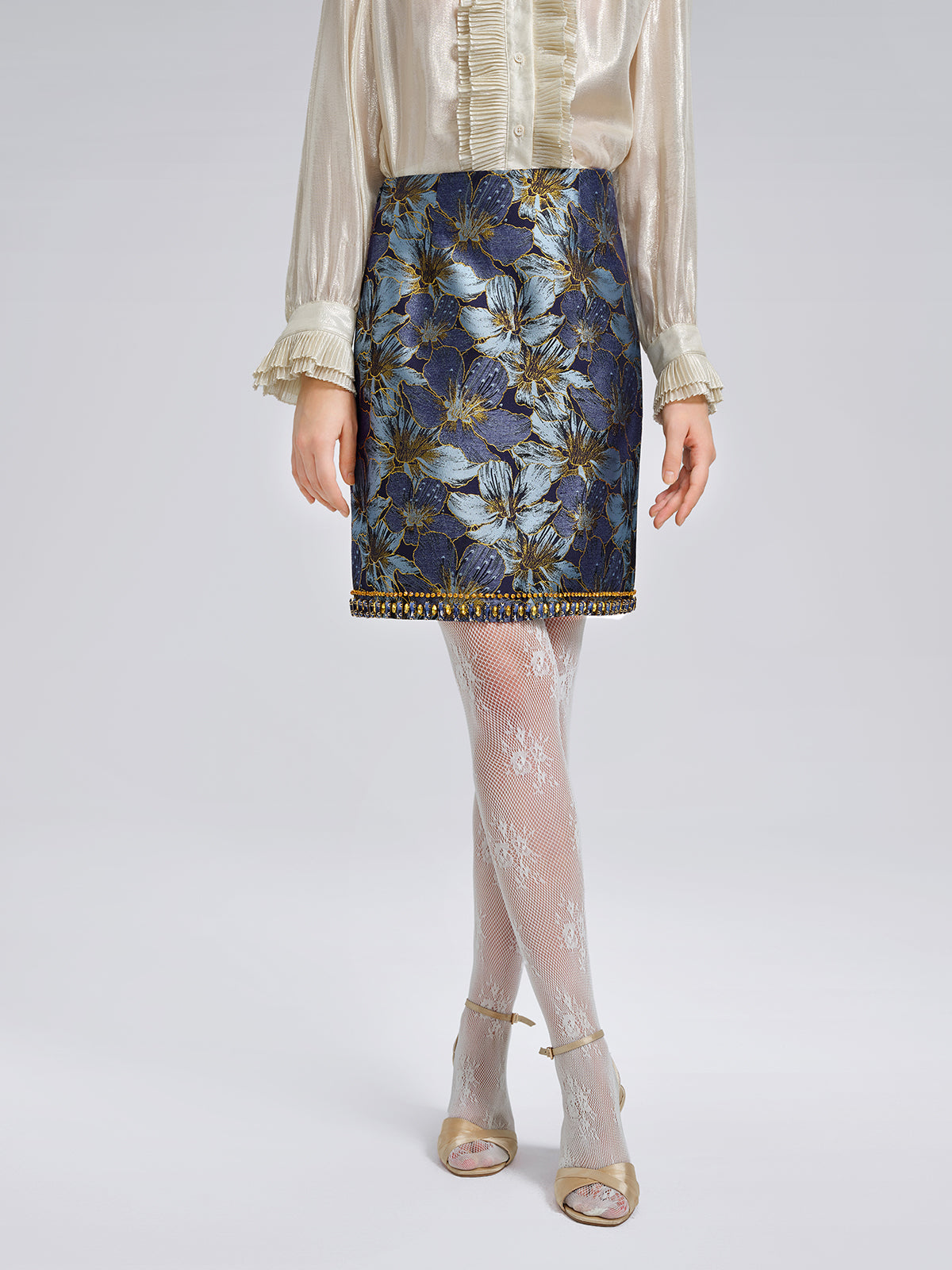 Hand-Sewn Crystal Jacquard A-Line Mini Skirt