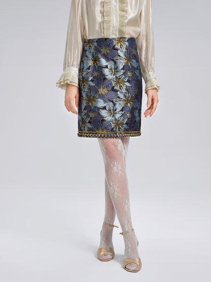 Hand-Sewn Crystal Jacquard A-Line Mini Skirt