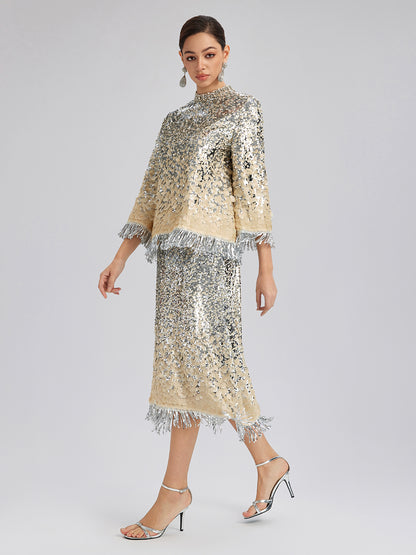 Beaded Ombre Fringe Stand-Collar Top