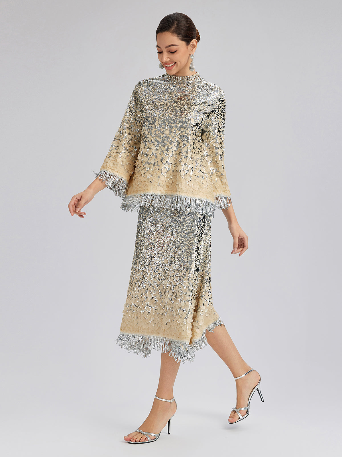 Ombre Sequin Fringe Elastic-Waist A-Line Skirt