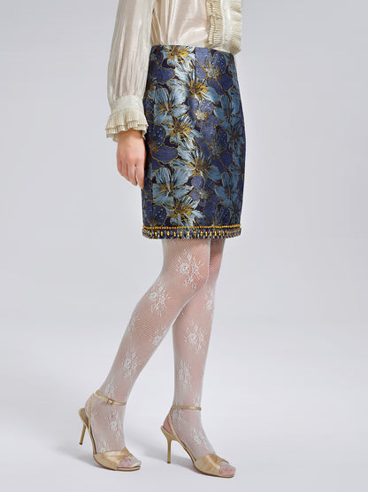 Hand-Sewn Crystal Jacquard A-Line Mini Skirt