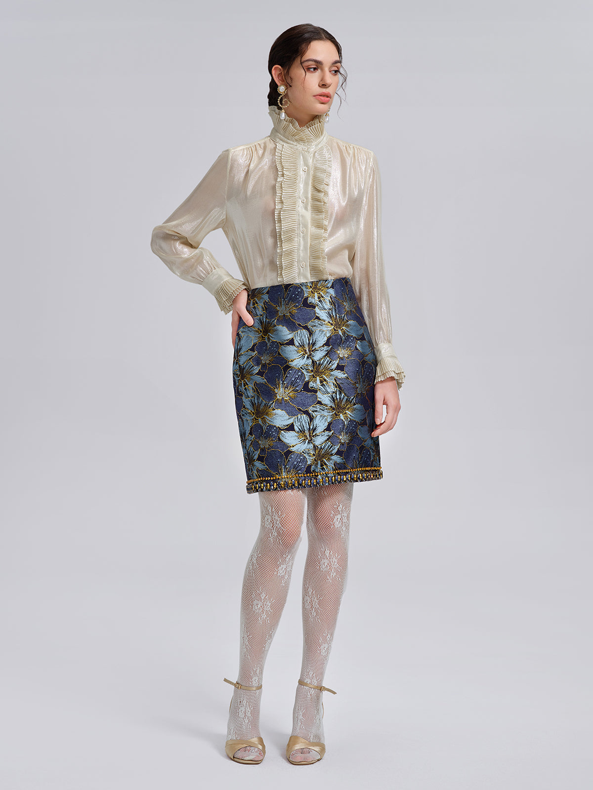 Hand-Sewn Crystal Jacquard A-Line Mini Skirt