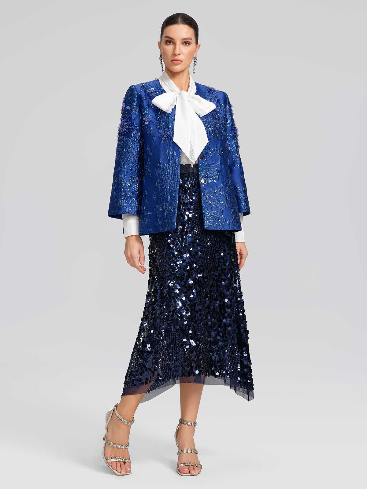 Royal Blue Hand-Beaded Jacquard Jacket