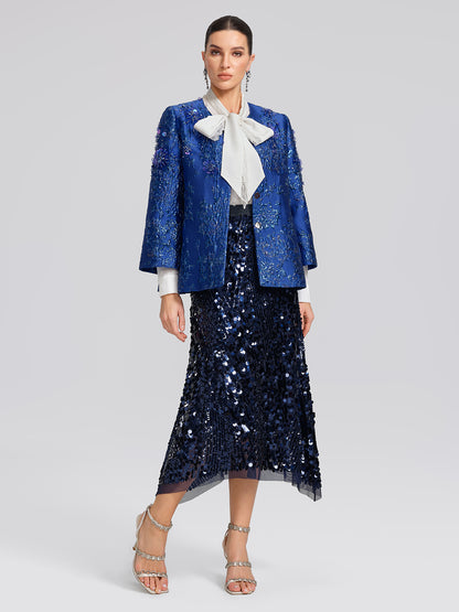 Royal Blue Hand-Beaded Jacquard Jacket