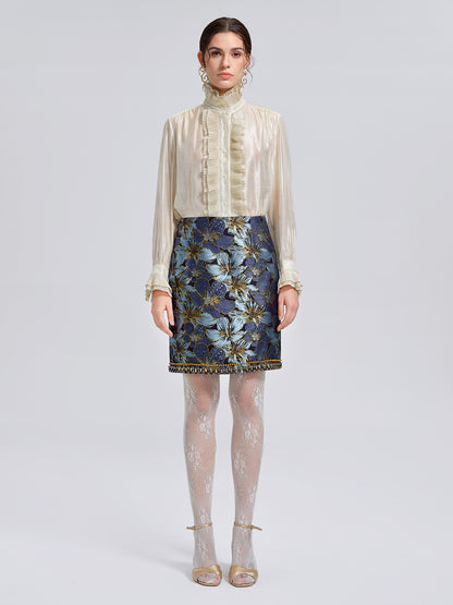 Hand-Sewn Crystal Jacquard A-Line Mini Skirt