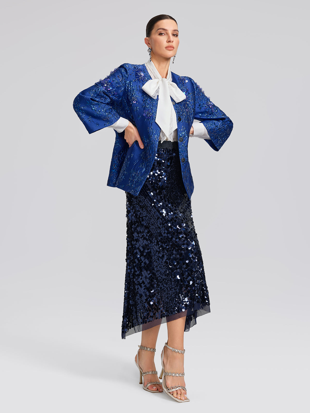 Royal Blue Hand-Beaded Jacquard Jacket
