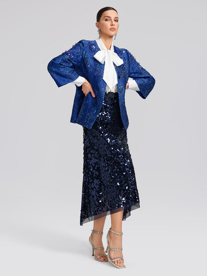 Royal Blue Hand-Beaded Jacquard Jacket