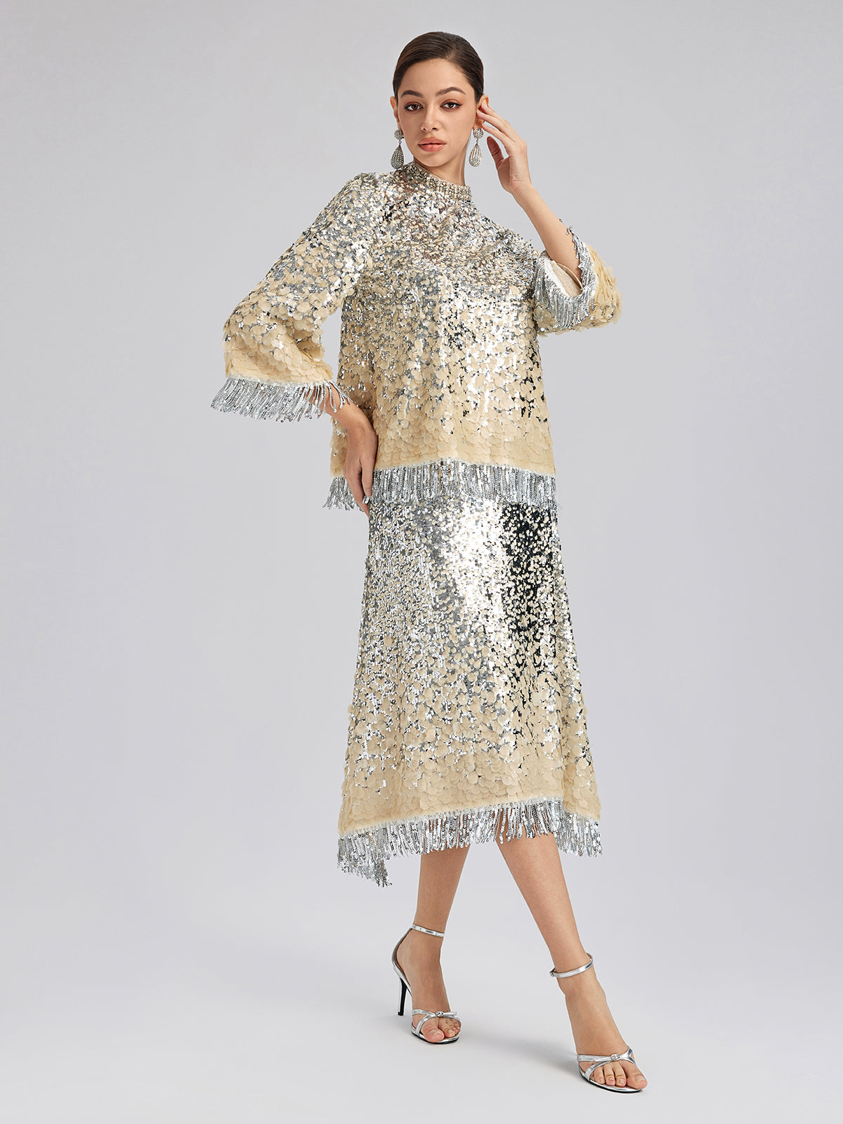 Ombre Sequin Fringe Elastic-Waist A-Line Skirt