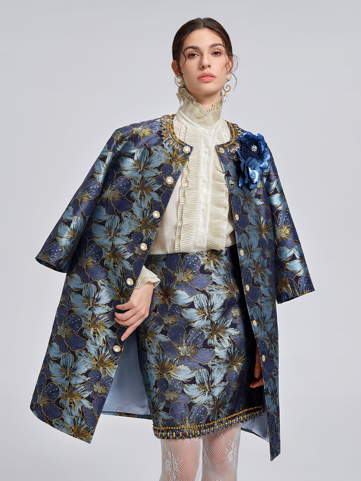 Hand-Sewn Crystal Floral Jacquard Jacket
