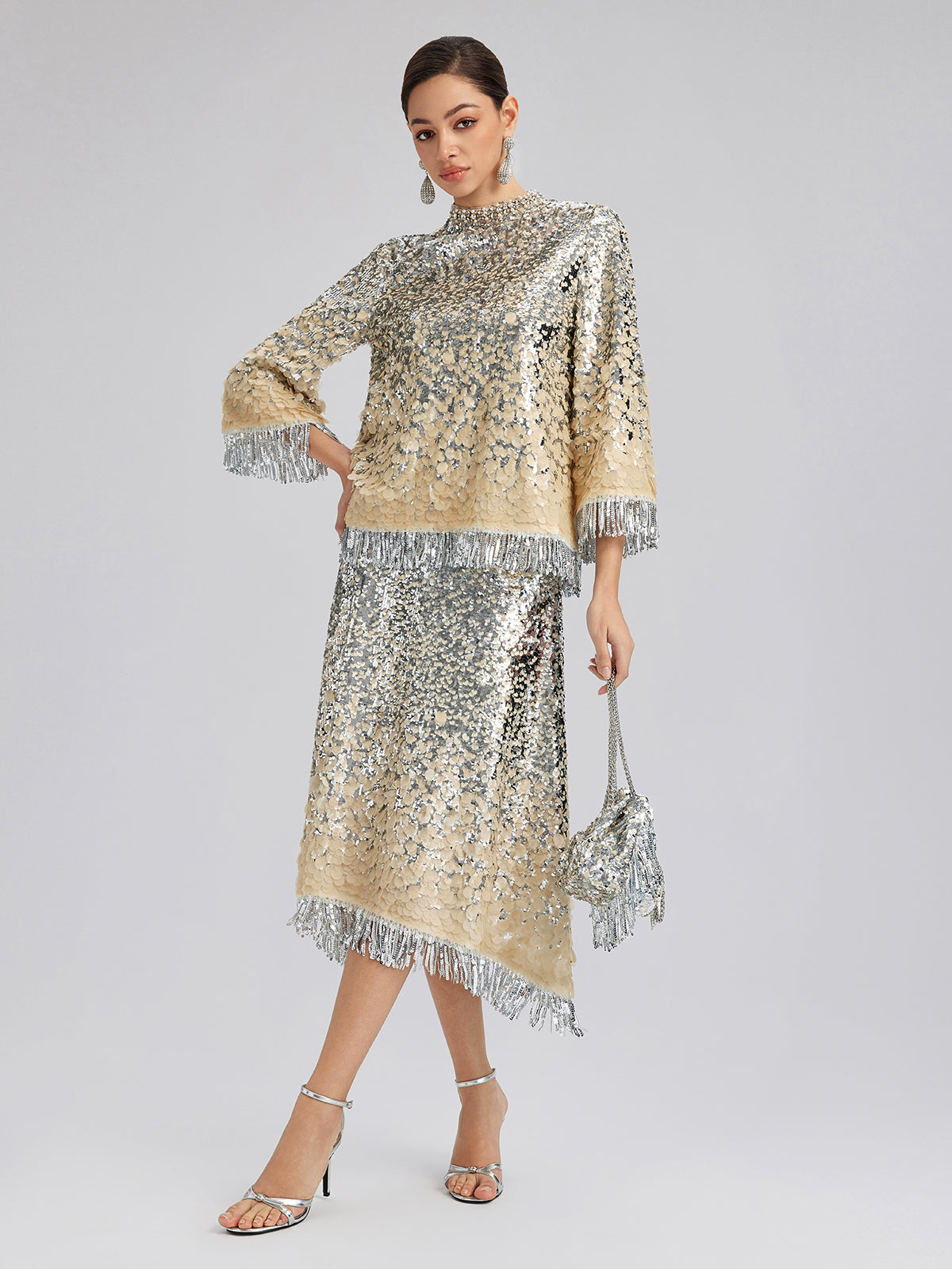 Beaded Ombre Fringe Stand-Collar Top