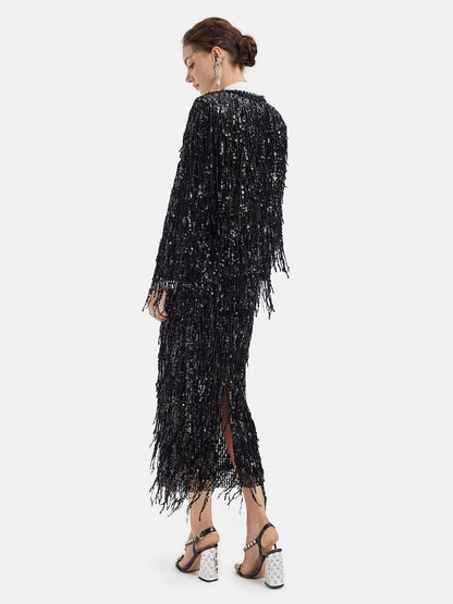 Sequined Beaded Fringe Cropped Jacket