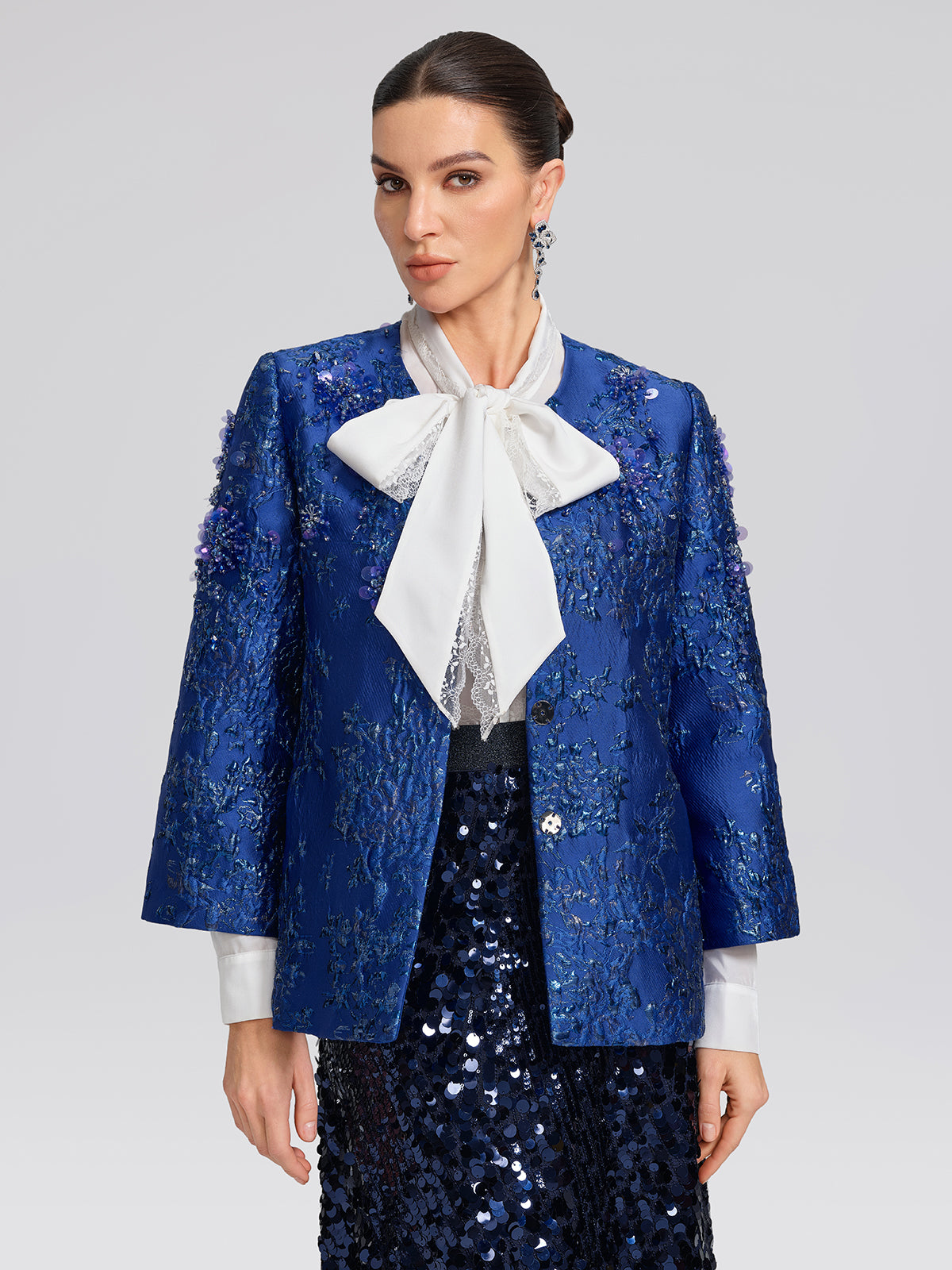 Royal Blue Hand-Beaded Jacquard Jacket