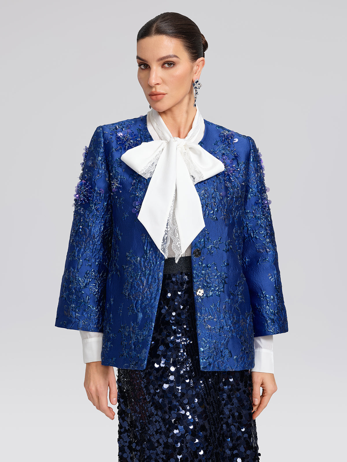 Royal Blue Hand-Beaded Jacquard Jacket